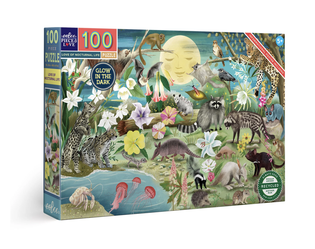 100 piece Love of Nocturnal Life 20 piece puzzle. Puzzle illustration includes many nocturnal animals like possums, raccoons, armadillos, hedgehogs, jaguar, and more around a pond under the moon light.
