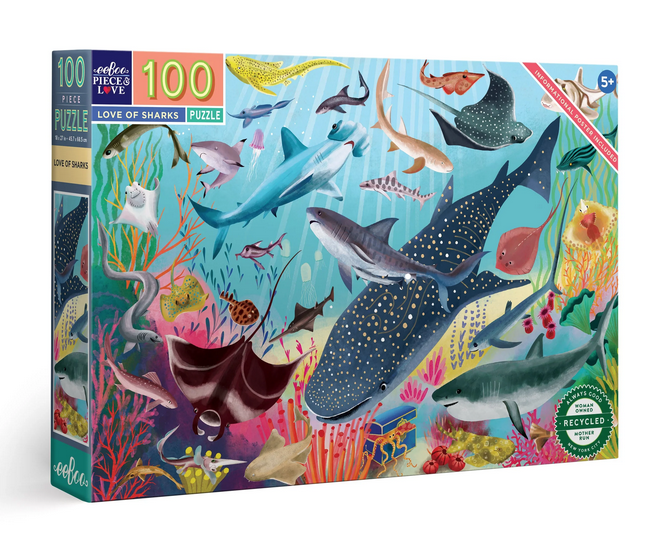 Illustrated box of 100 piece Love of Sharks puzzle.