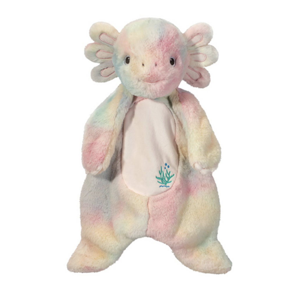 Plush axolotl baby soother in soft pastel colors on a white background.
