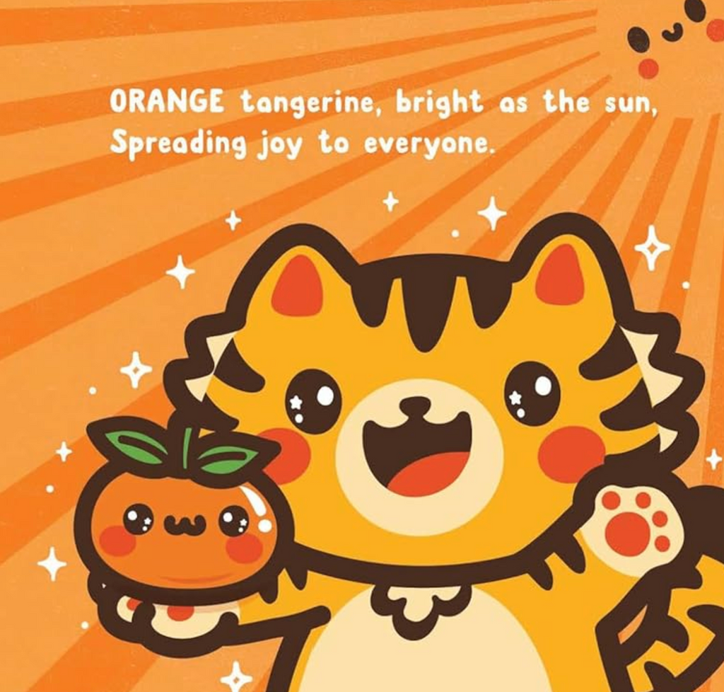 Interior page from Lucky New Year Colors featuring an orange tiger, holding an orange tangerine under a brightly shining sun. 