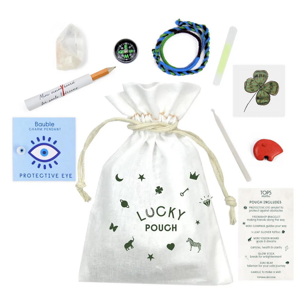 Cotton pouch with cinch string that reads "Lucky Pouch" with all the contents found inside pictured.