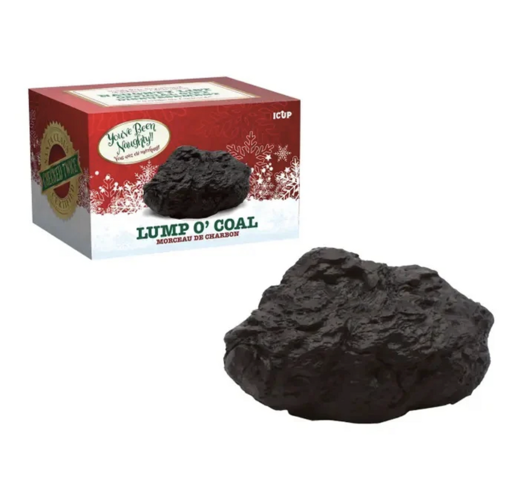 Red and white festively designed box with a picture of the Lump o' Coal on the front. In the foreground of the picture is the big, black lump of coal itself. Not real coal, do not burn!