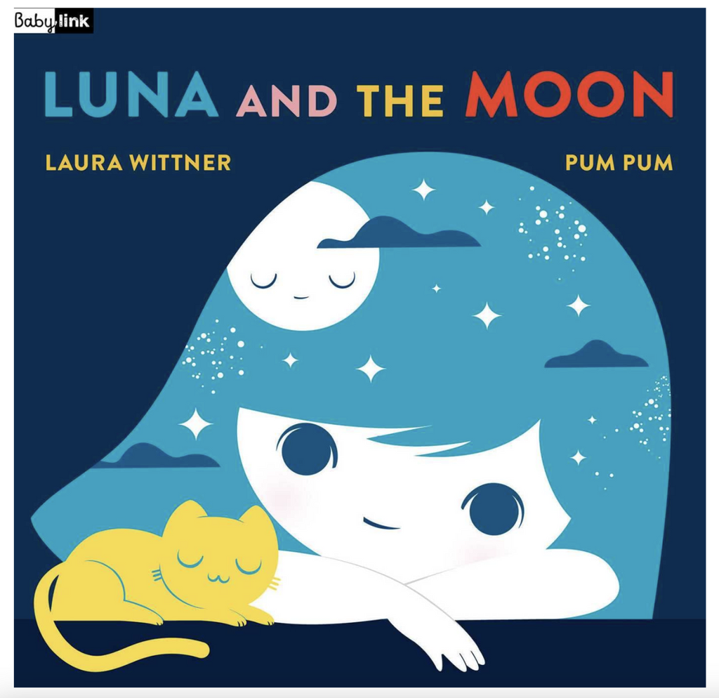 Illustrated cover of Luna And The Moon with a young girl and her cat with the stars and moon in her head. 