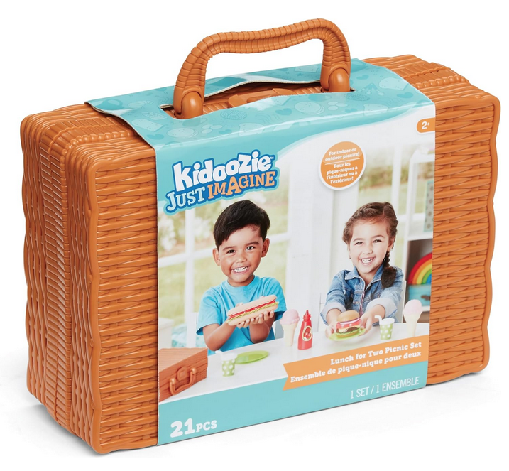 Picnic basket with handle and cardboard sleeve showing kids playing with the food included in the set.