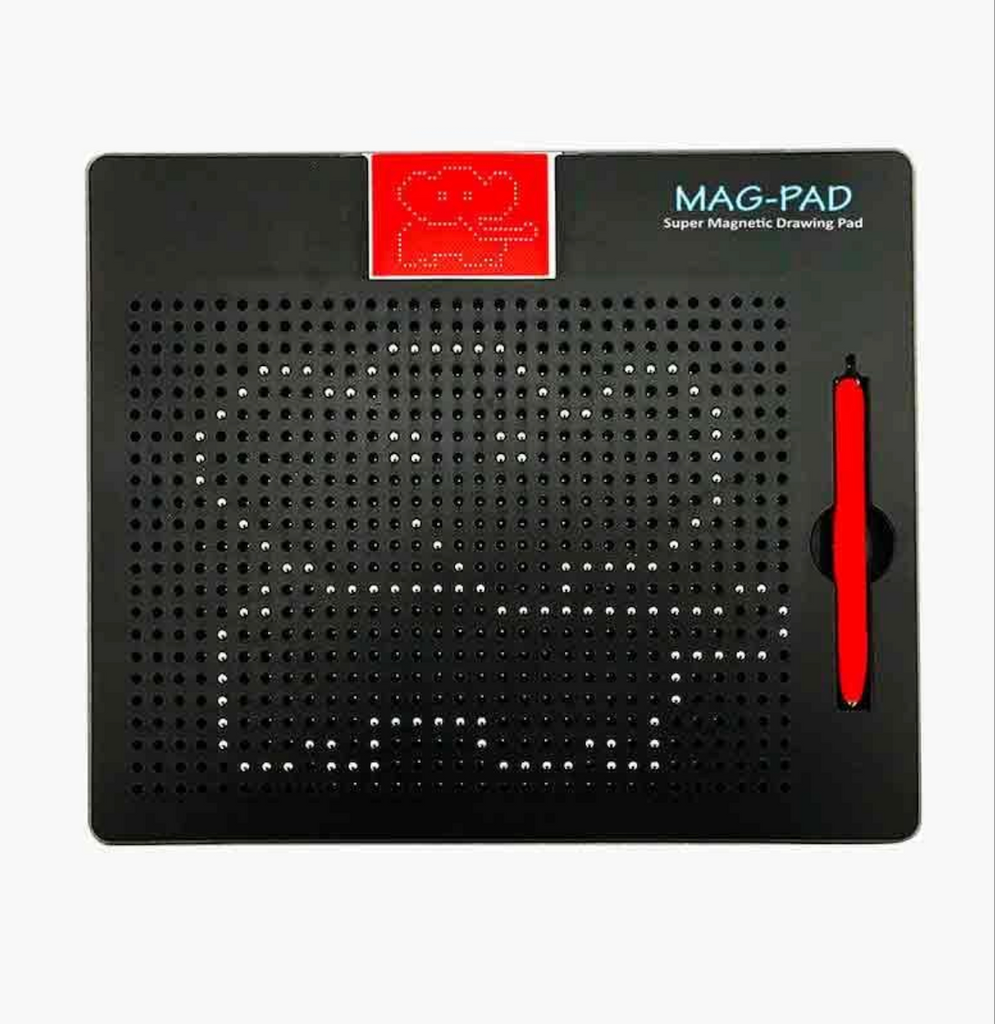 Black Mag-Pad magnetic drawing pad with a red stylus with an elephant outlined in the center of the pad. 