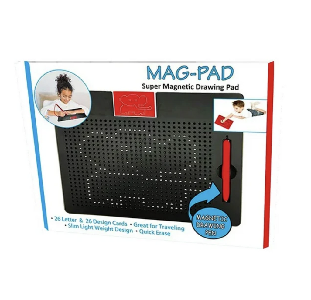 The Mag Pad Super Magnetic Drawing Pad packaged in a box with a picture of the black Mag Pad with red stylus that has an outline of an elephant drawn on it. There are also pictures of kids drawing on the pad in each corner on the front of the box. 
