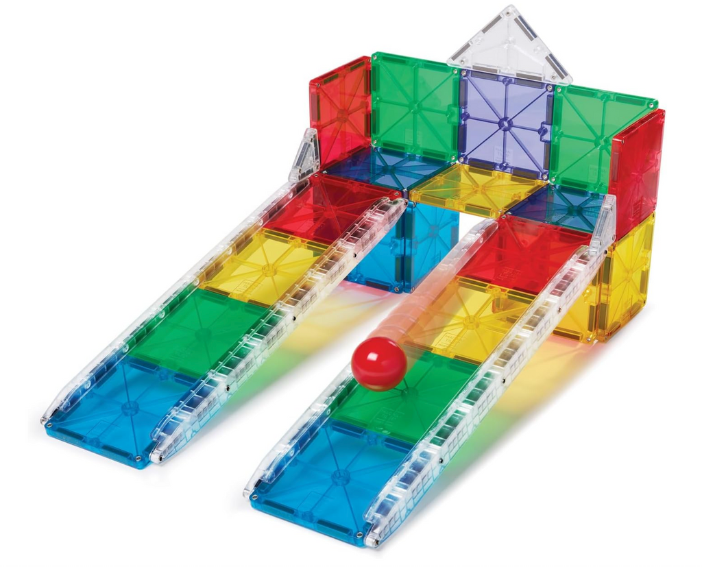 A multi-colored platform with twin ramps coming off either end. A red marble is racing down the ramp on the right. 