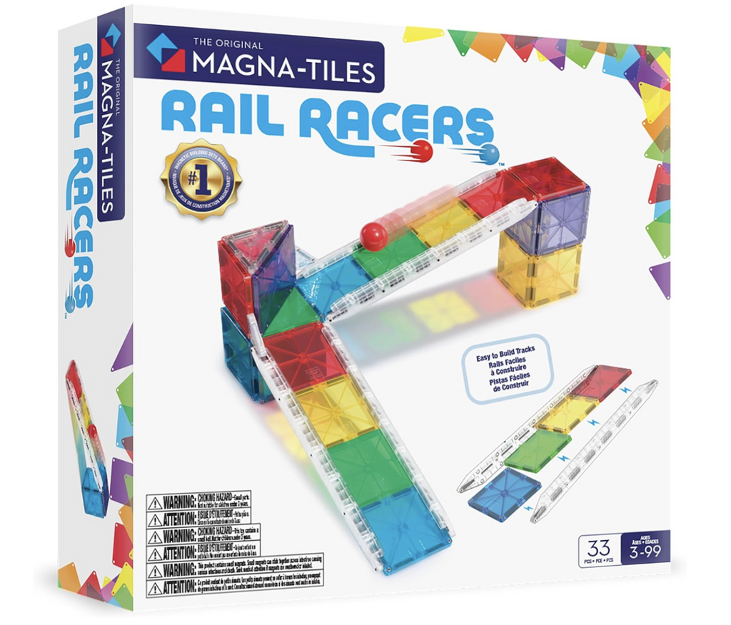 Cover of the box the Magna-Tiles Rail Racers set is packaged in featuring a picture of a short column with the rail pieces making a ramp to another column and then another ramp coming off of that. A red marble that is included in the set is rolling down the ramp. 