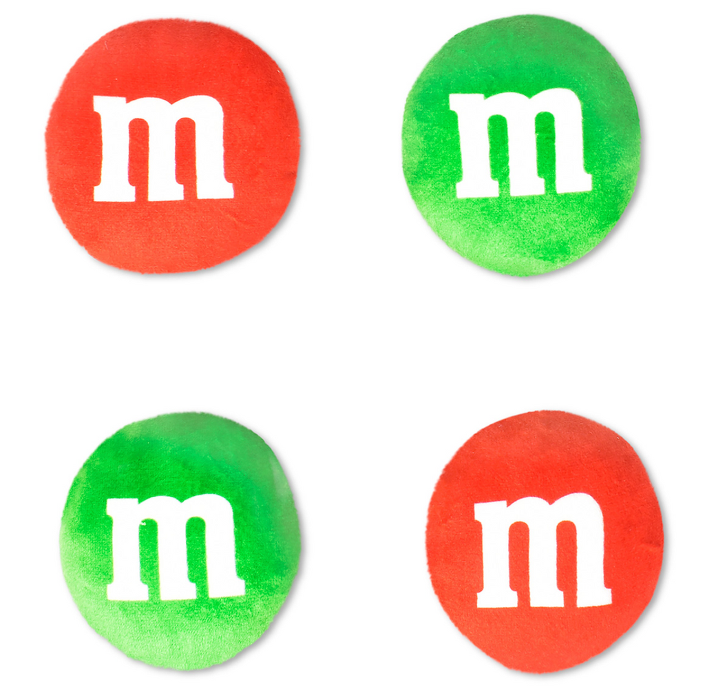 Two each red and green m&m's plush candies from inside the M&M's Holiday Plush pillow. 