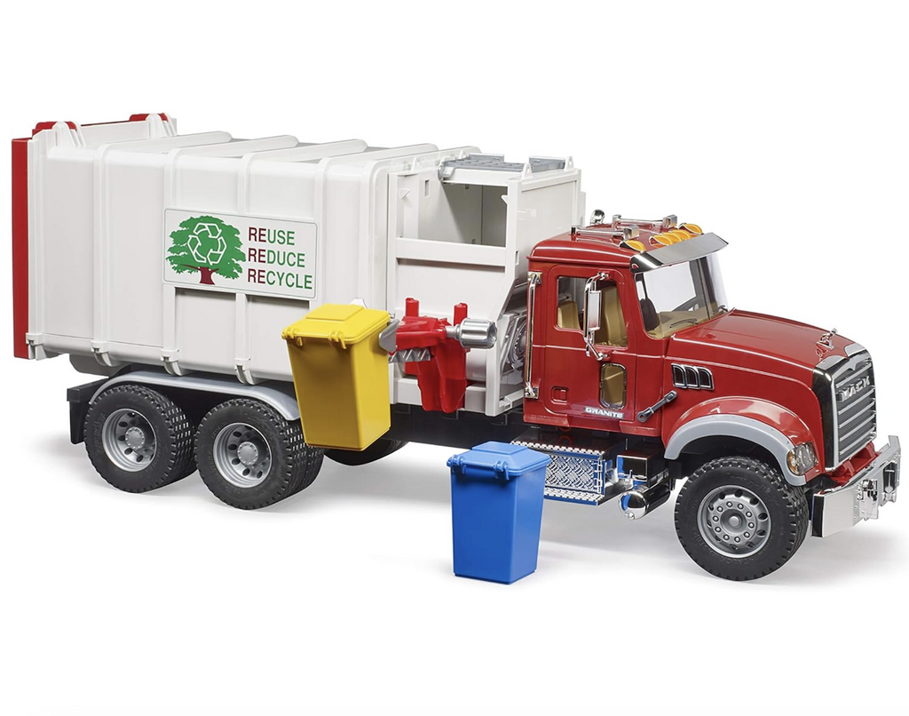 Mack Granite Side Loading Garbage Truck is a red truck with a yellow can being lifted to empty into the truck and a blue can waiting to be emptied. 