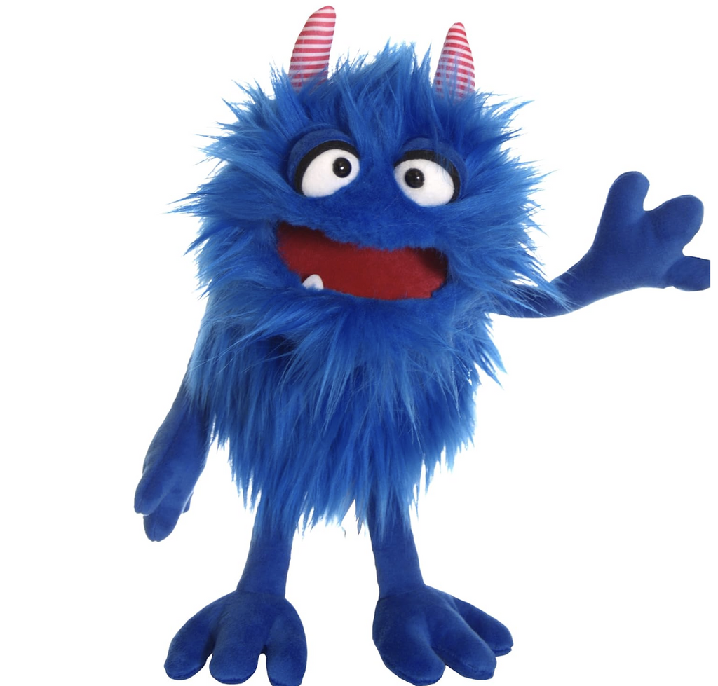 Plush hand puppet named Mack with soft blue fur, red and white striped horns with a big smile. 
