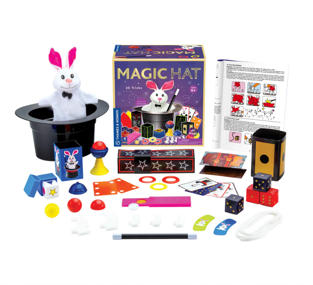 The black hat with a plush rabbit coming out of it, as well as other props used to perform the tricks taught in the kit. 
