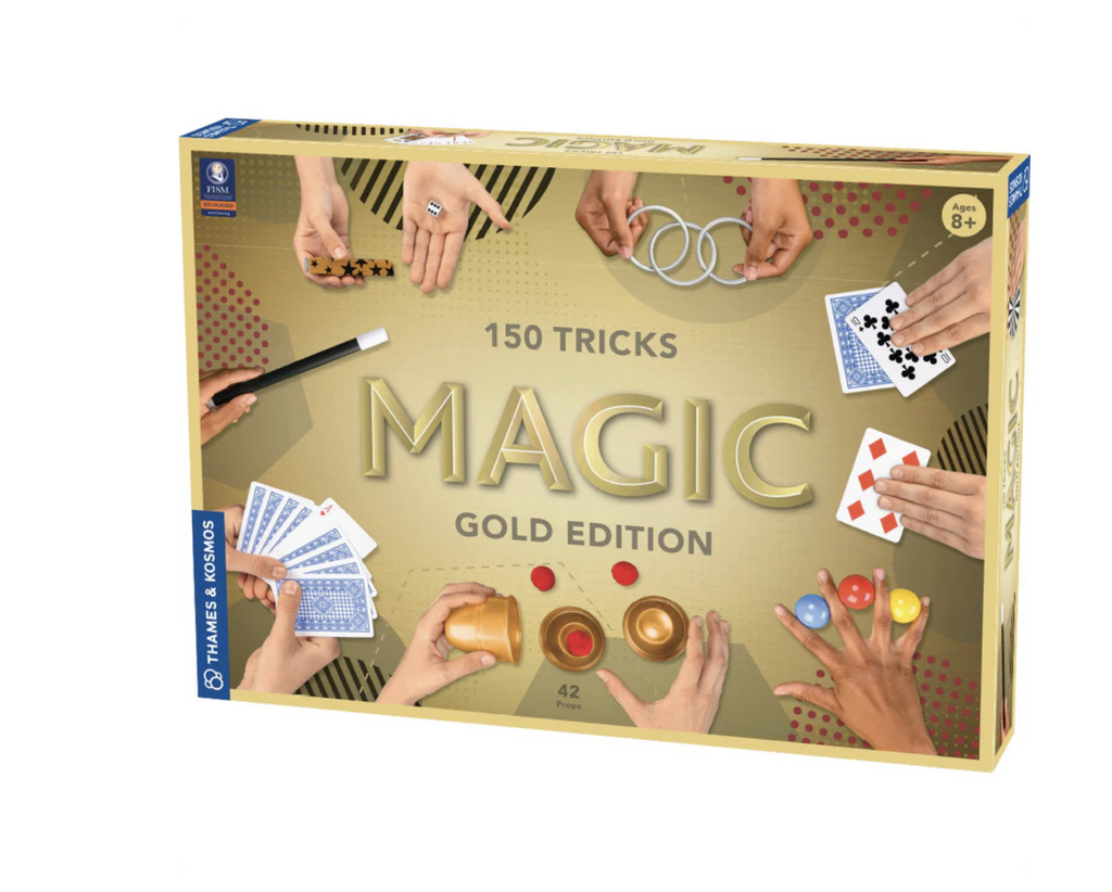 Magic Gold Edition features 150 magic tricks- box shows hands performing various included tricks.