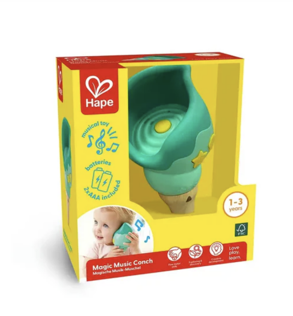 The Magic Music Conch shell packaged in a bright yellow open box. 