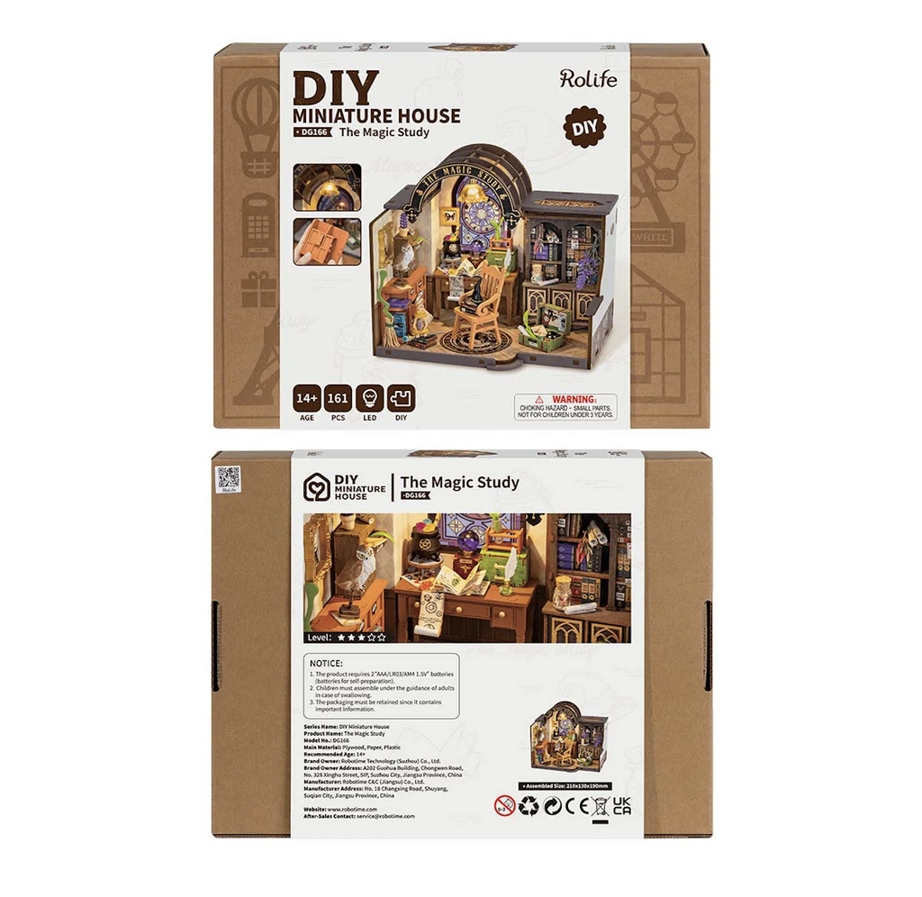 Front and back of the Magic Study DIY Miniature House box with pictures of the completed build as well as close ups of details in the set. 