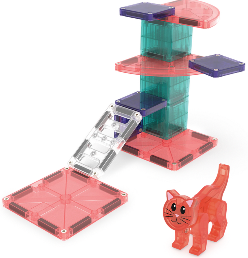 Magnetic building blocks taht are colorful and transparent built into a tower with a cat figure. 