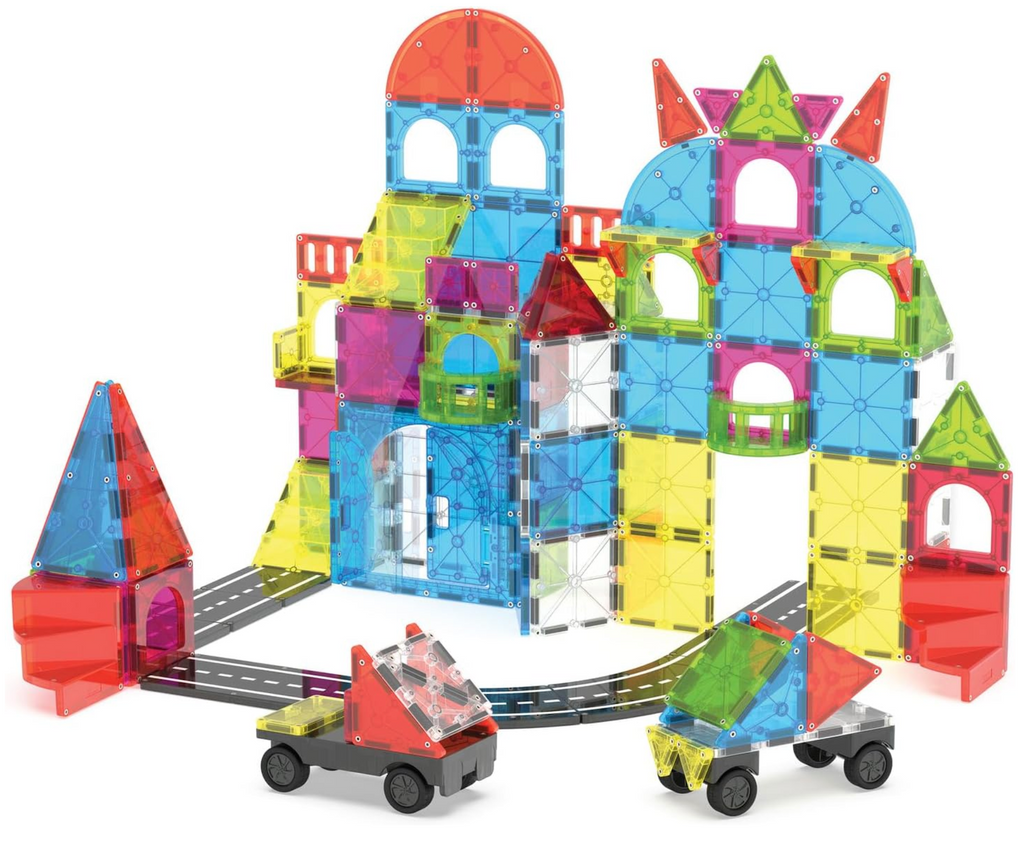 Colorful magnetic building blocks set with a small magnetic cars in front of the building structure built using pieces from the City Center Magna Tiles set. 