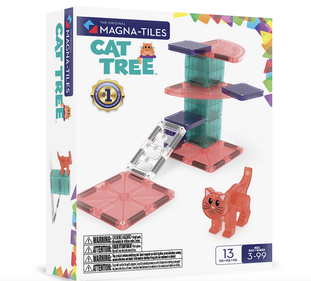 The box containing the Magna-Tiles Cat Tree 13 Piece set with the magnetic building blocks constructed into a cat tree with an orange cat figure pictured on the front.  