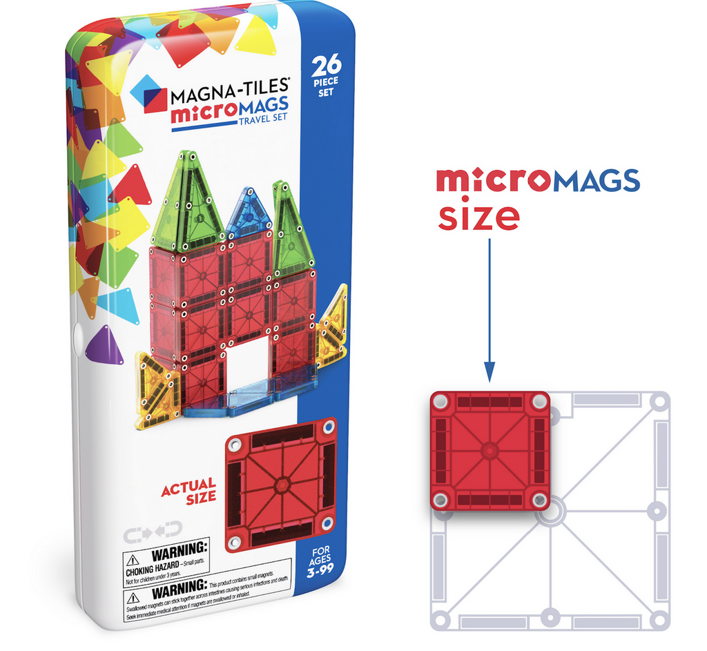 Magna Tiles microMags Travel Set tin with a diagram of the smaller sized pieces. 