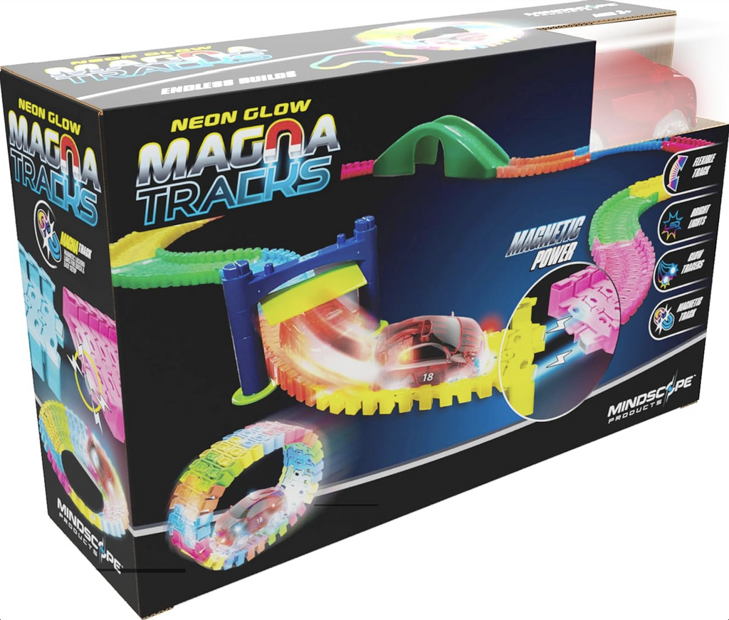 Neon Glow Magna Tracks box with pictures of the the magnetic tracks in different configurations and lit. 