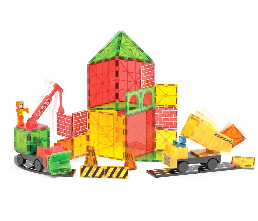 A two tiered structure and construction vehicles built using pieces from the Magna Tiles Builder XL 50 Piece Set. 