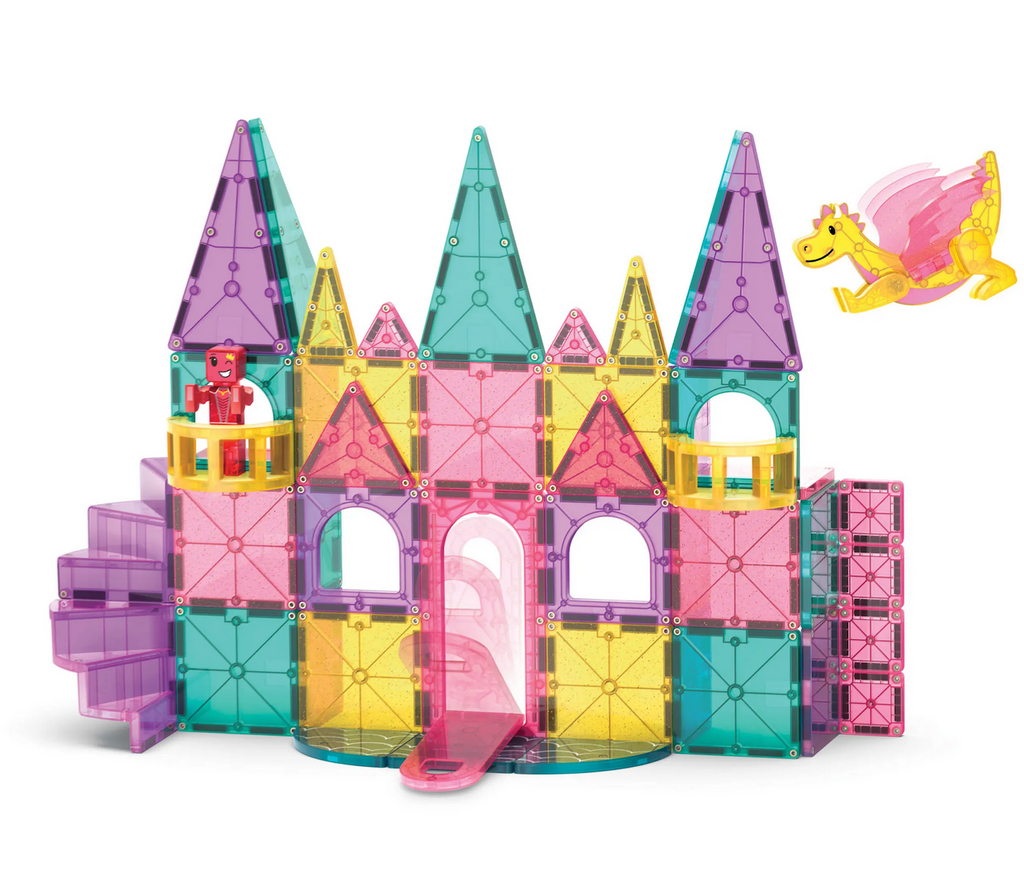 A astle built using pieces from the Magna Tiles Castle Delux 48 Piece Set along with the dragon that is included in the set. 