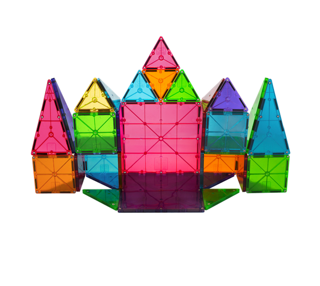 A building structure made using pieces from Magna Tiles CLear Color 32 Piece Set. 