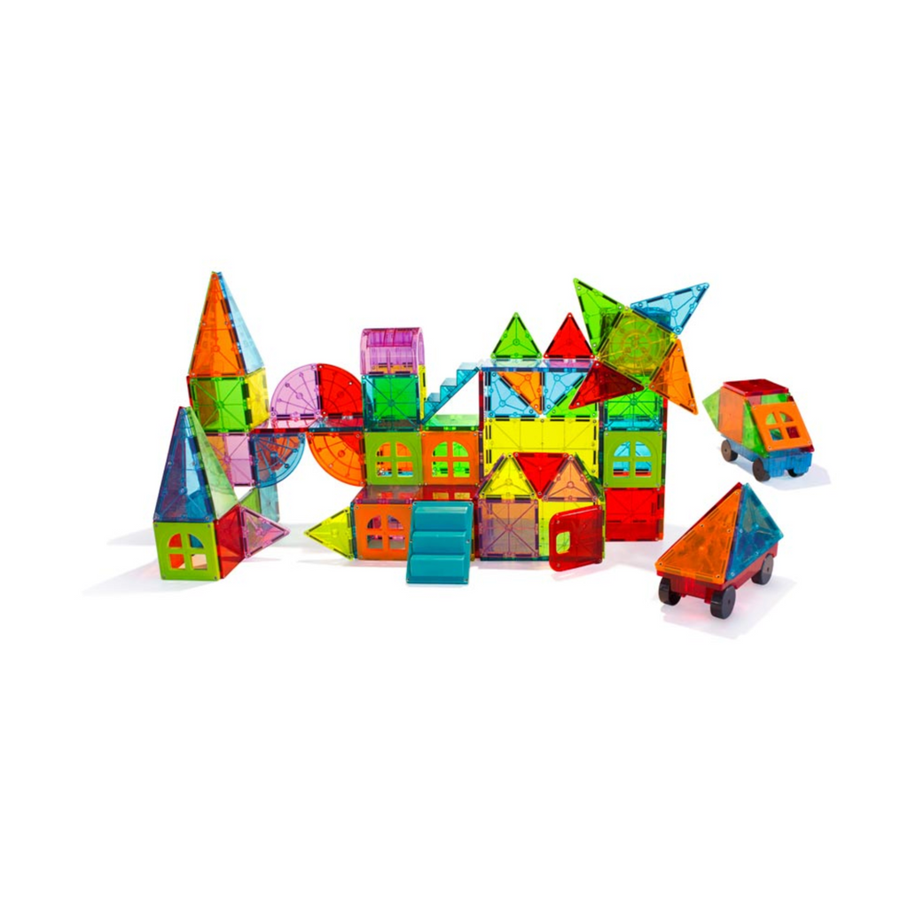 All pieces of the Magnatile Metropolis set used to build a colorful structure.