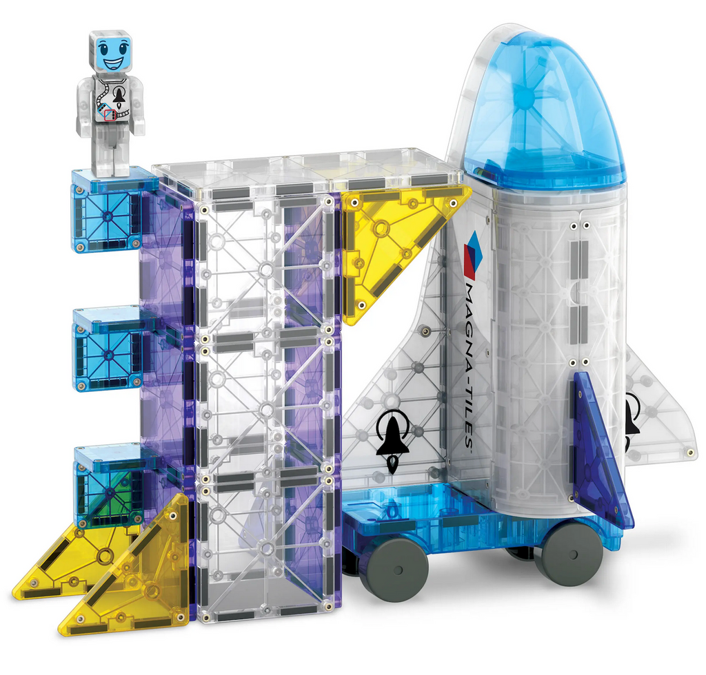 Close up picture of the Magna Tiles Space Shuttle nd launching pad made using the Magna Tiles Space 32 Piece Set. 