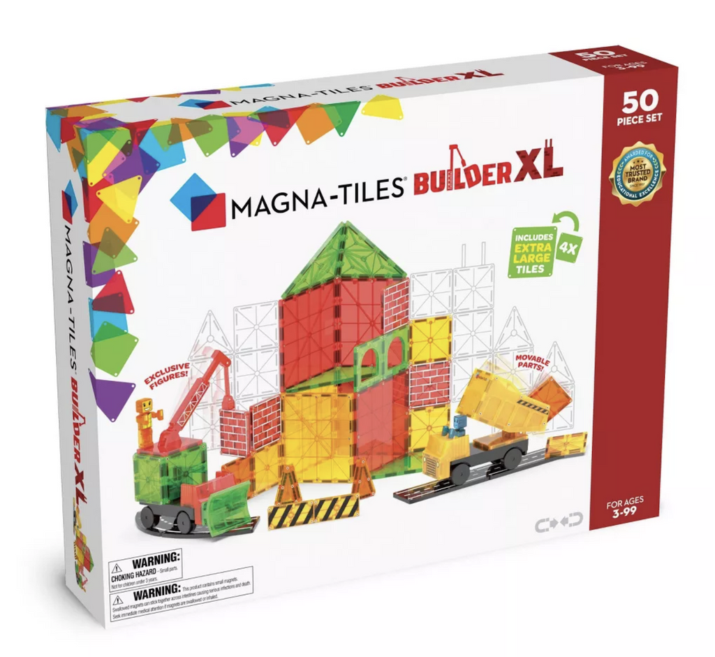 Magna Tiles Builder XL 50 Piece Set box with images of a structure built with pieces in the set. 