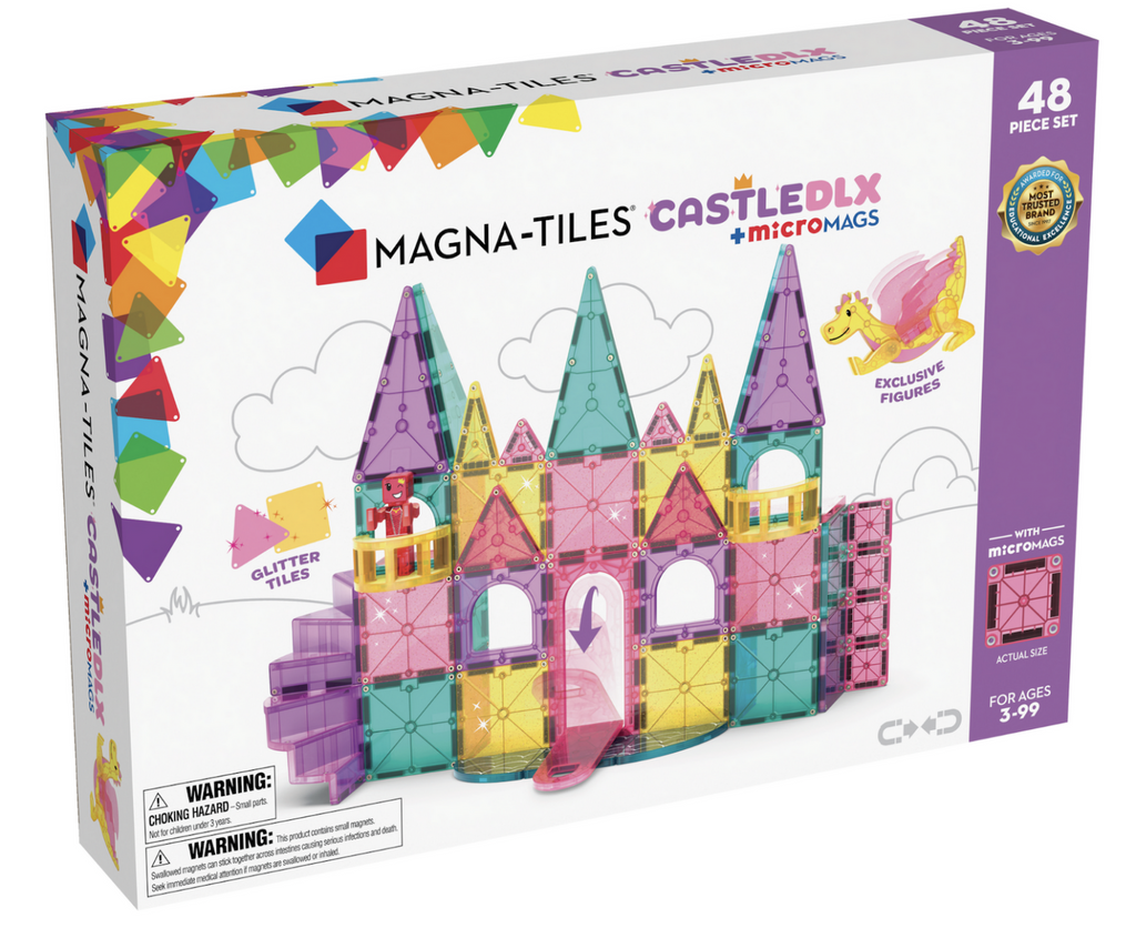 Magna Tiles Castle Deluxe 48 Piece Set box with image of a castle built using pieces in the set. 