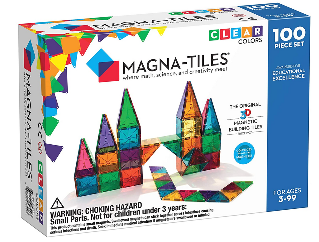 Box of Magnatiles 100 Piece Set with picture of a structure built with clear color Magnatiles.