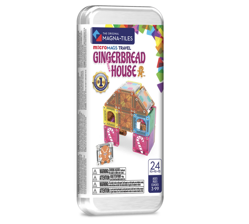 Silver metal box that holds the MicroMags Travel Gingerbread set from Magnatiles. A picture of one of the candy houses that can be built using the magnetic tiles inside.