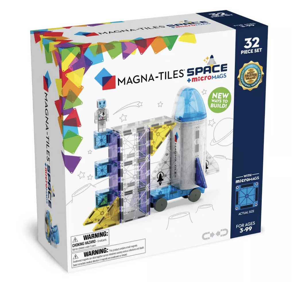 Magna Tiles Space 32 Piece Set box with a picture of the shuttle included in the set and a launching pad made with the set. 