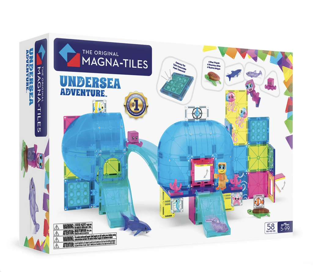 Magna Tiles Undersea Adventure featuring yellow, blue pink and green magnetic pieces joined together to form an underwater space lab. 