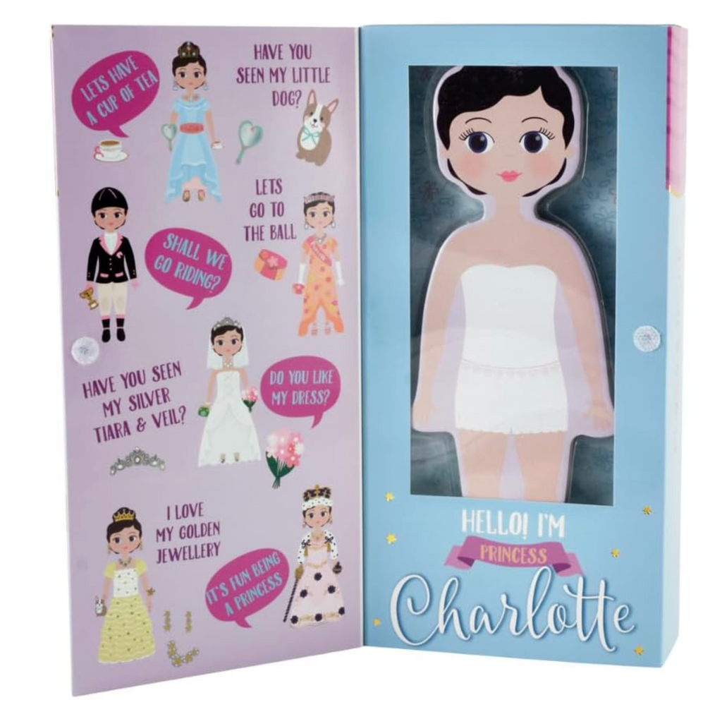 The Magnetic Dress Up box opened to show Princess Charlotte the doll that has so many outfits to choose from in this Magnetic Dress Up set. 