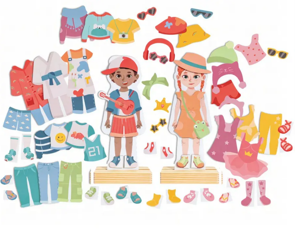 The magnetic clothing and accessories along with the boy and girl characters from the Magnetic Seasons Dress Up Wooden Puzzle. 