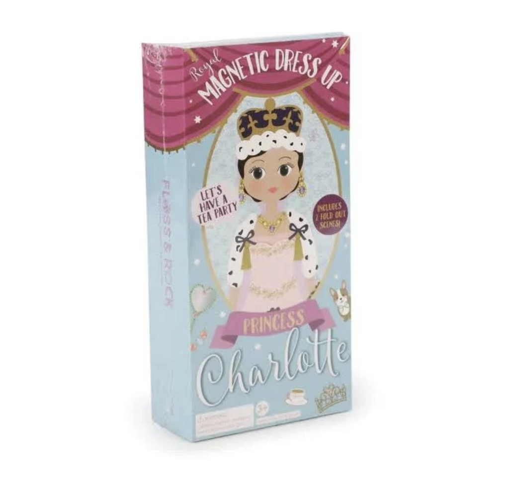 Box with illustrations of the  wooden dress up doll Princess Charlotte character wearing a crown and fur capelet. 