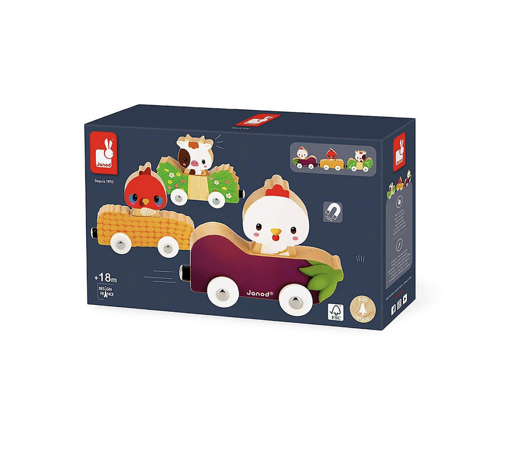 Blue ox with images of the wooden  farm animals in the magnetic food themed cars. 