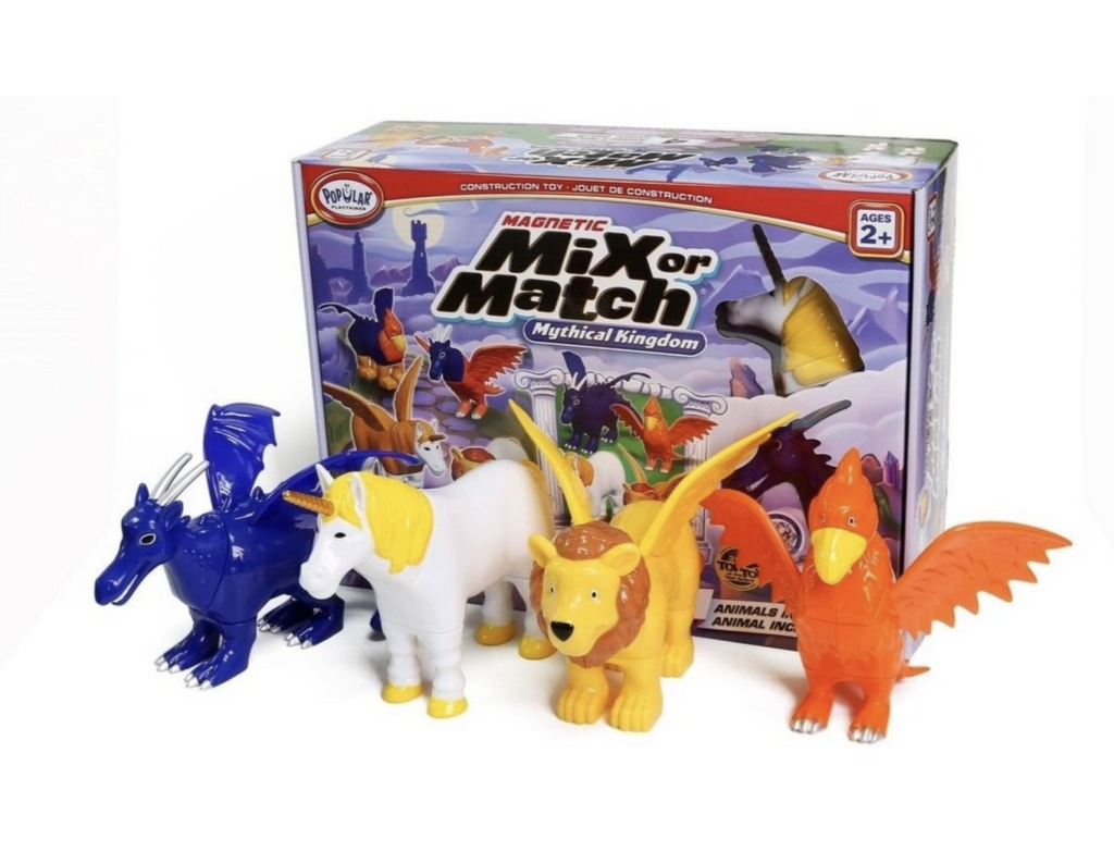 Box of Magnetic Mix or Match Mythical Kingdom with 4 included creature figures on a white background.