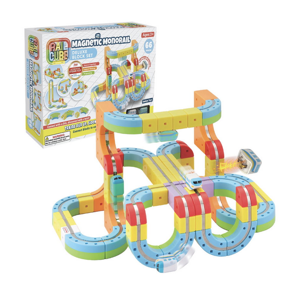Colorful, magnetic, track pieces connected to form a monorail track that twists and turns and even has the trains traveling upside down. 