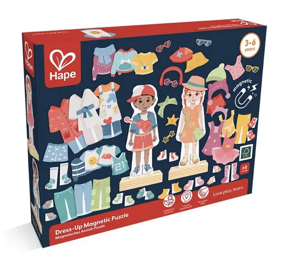 Dark blue box with red borders that shows magnetic puzzle pieces from the Seasons Dress Up Puzzle. 