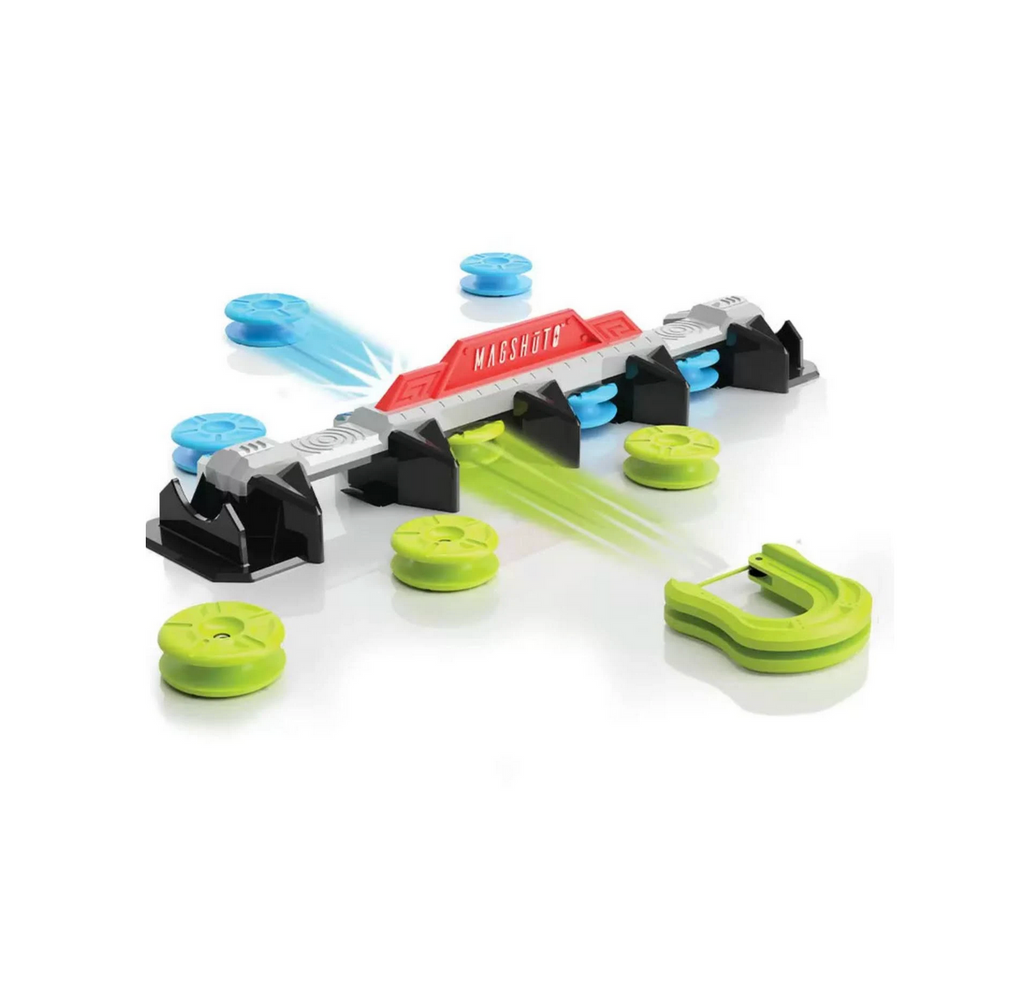 The Magshuto Knockout Rail set up with blue and green magnet pods being launched into the four slots on the rail. 