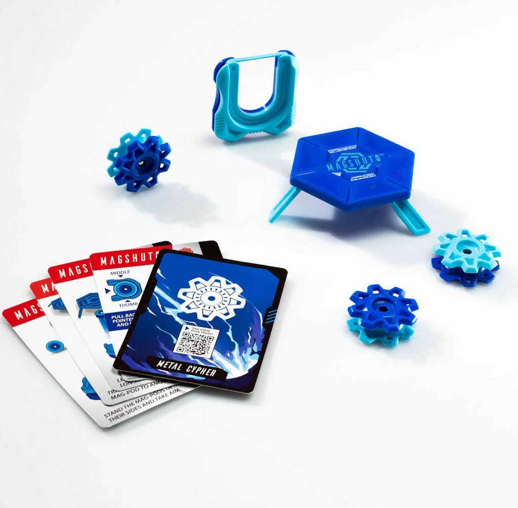 The Metal Cypher Magshuto Mag Kit is a blue magnetic pod and launcher that has challenge cards and extra components for advanced trick shots. 
