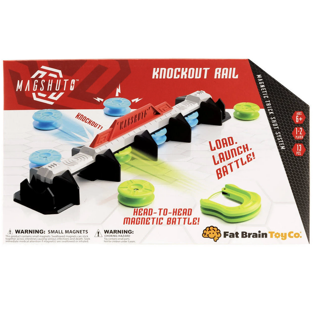 The Magshuto Knockout Rail packaged in a red and black box that shows the rail set in the center and the two magnetic challengers competing to  launch the pods into all four slots of the rail. 