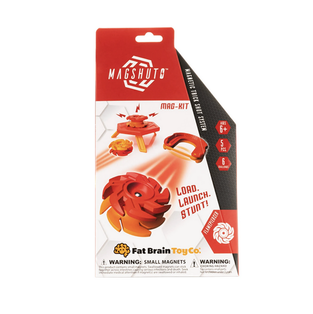 The Flamepiercer Magshuto Mag Kit packaged in a hanging, envelope style box with pictures of the red magnetic pod and launcher on the front. 