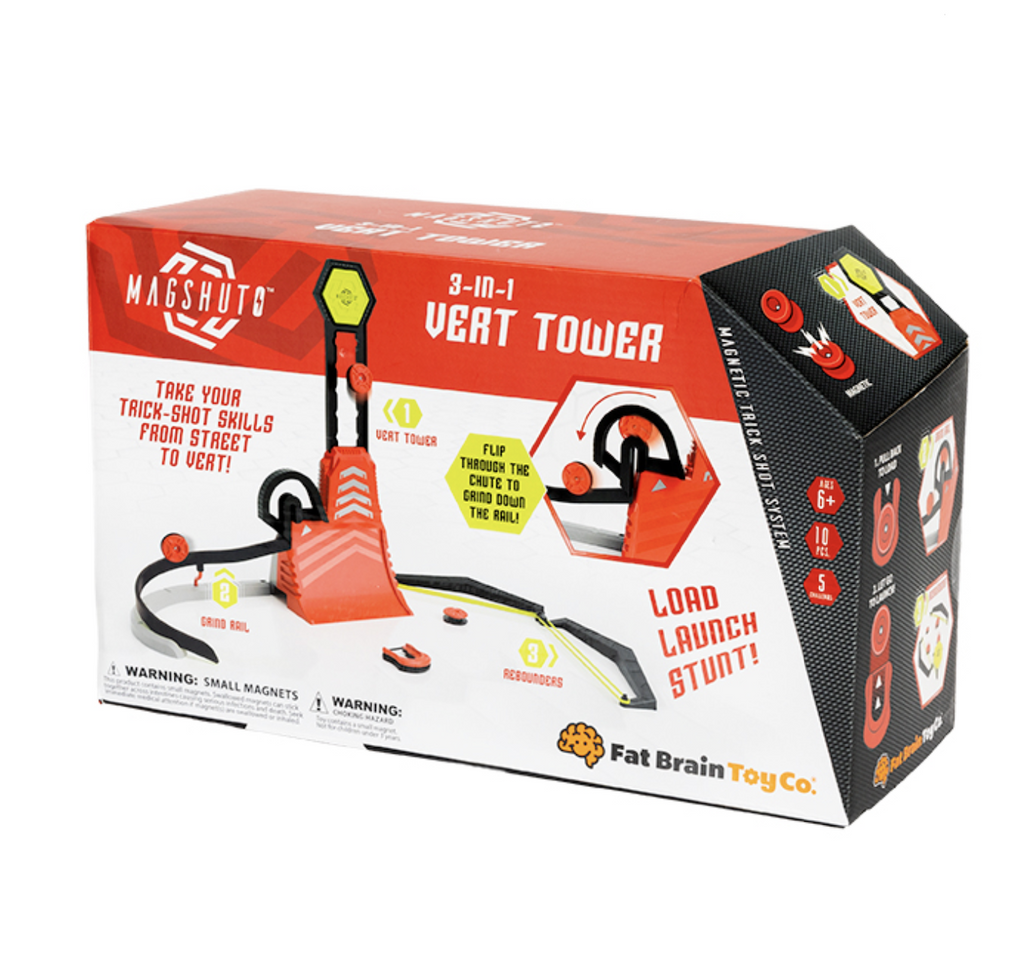 Magshuto 3 in 1 Vert Tower packaged in a red and white box featuring a picture of the Vert Tower set up and ready for you to take your trick shots. 