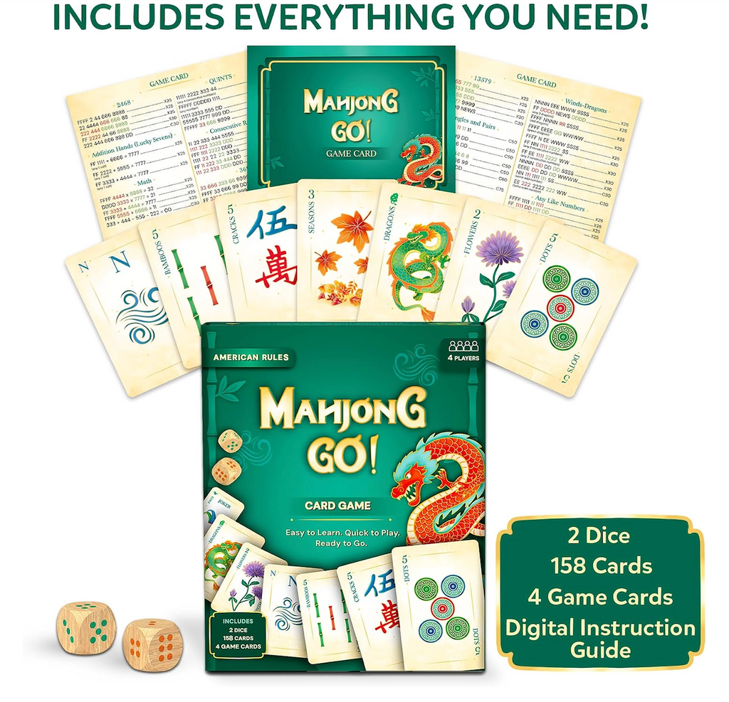 Mahjong Go! Card Game cards, wooden dice, instruction guide and game cards laid out. 