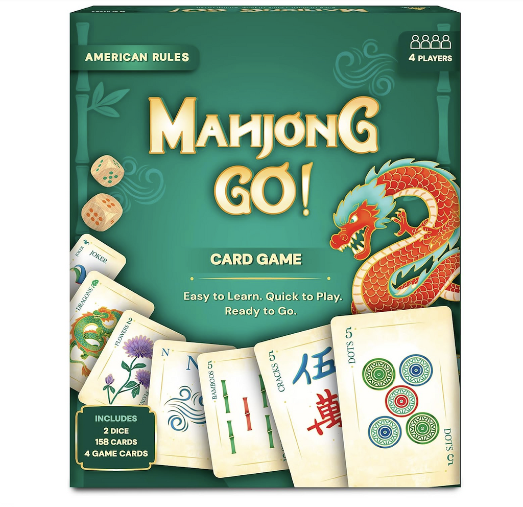 Green box front decorated with an orange dragon and pictures of some of the highly decorated cards from Mahjong Go! Card Game. 