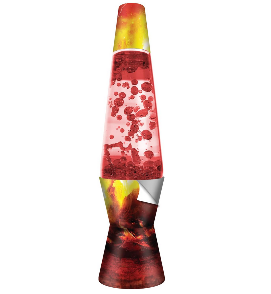 Lava Lamp with red lava floating in the lamp and the base decorated with red and yellow stickers. 